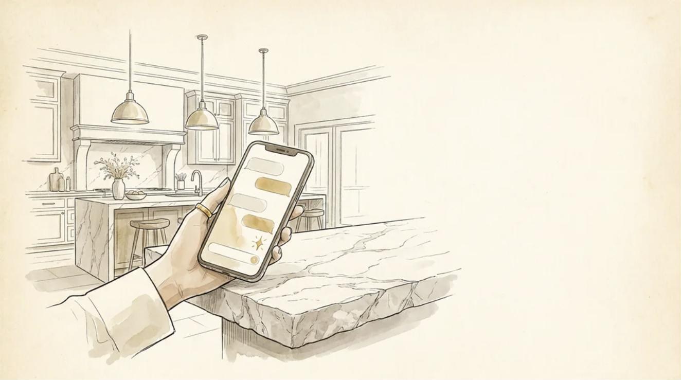 Illustration of a hand holding a phone with a chat conversation over a stone kitchen island