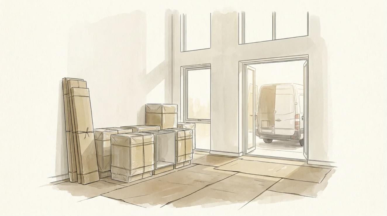 Illustration of wrapped kitchen cabinets stacked in a finished room with protected floors and a delivery van at the open doors