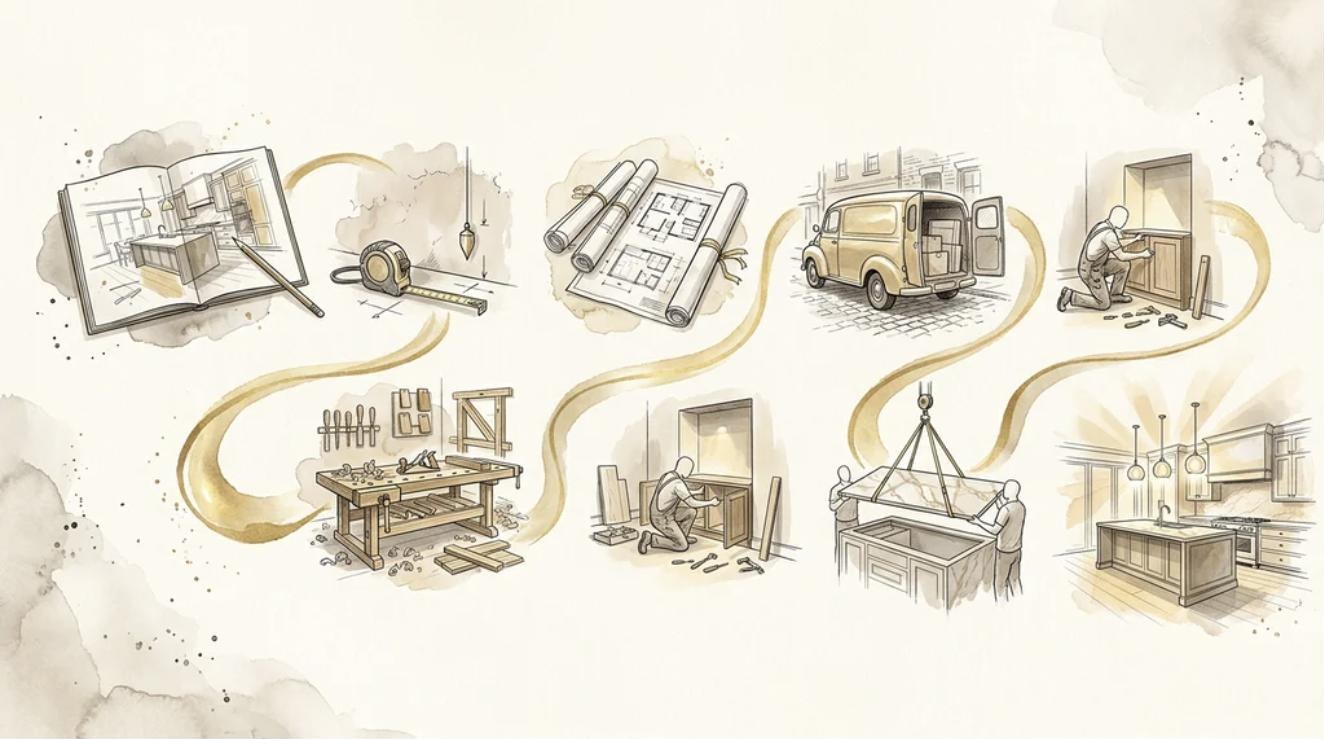 Illustration of the kitchen journey as a gold path linking a design sketchbook, a tape measure, plans, a joinery workshop, a delivery van, an installer, a worktop being lowered into place and a finished kitchen