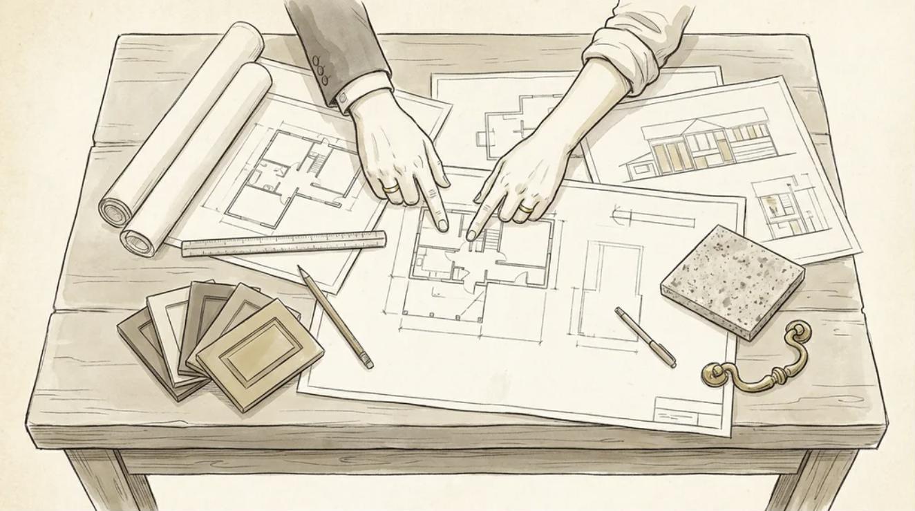 Illustration of two people pointing at kitchen plans on a table beside door samples, a stone sample and a brass handle
