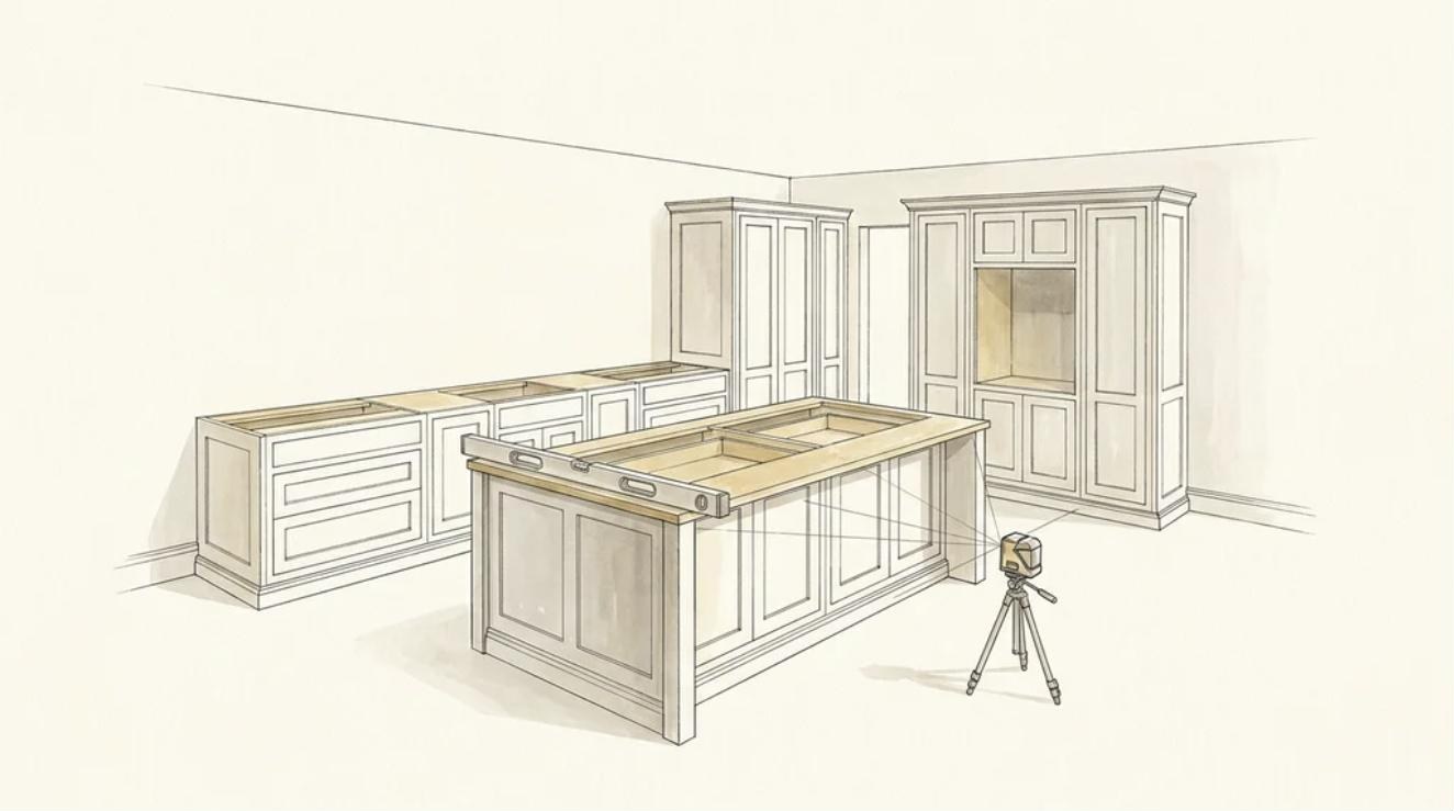 Illustration of fitted cabinets ready for worktop templating