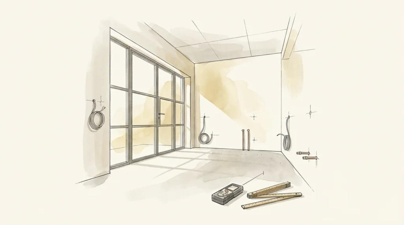 Illustration of a survey-ready room: plastered walls, glazing fitted, services stubbed out at marked positions and a laser measure on the floor